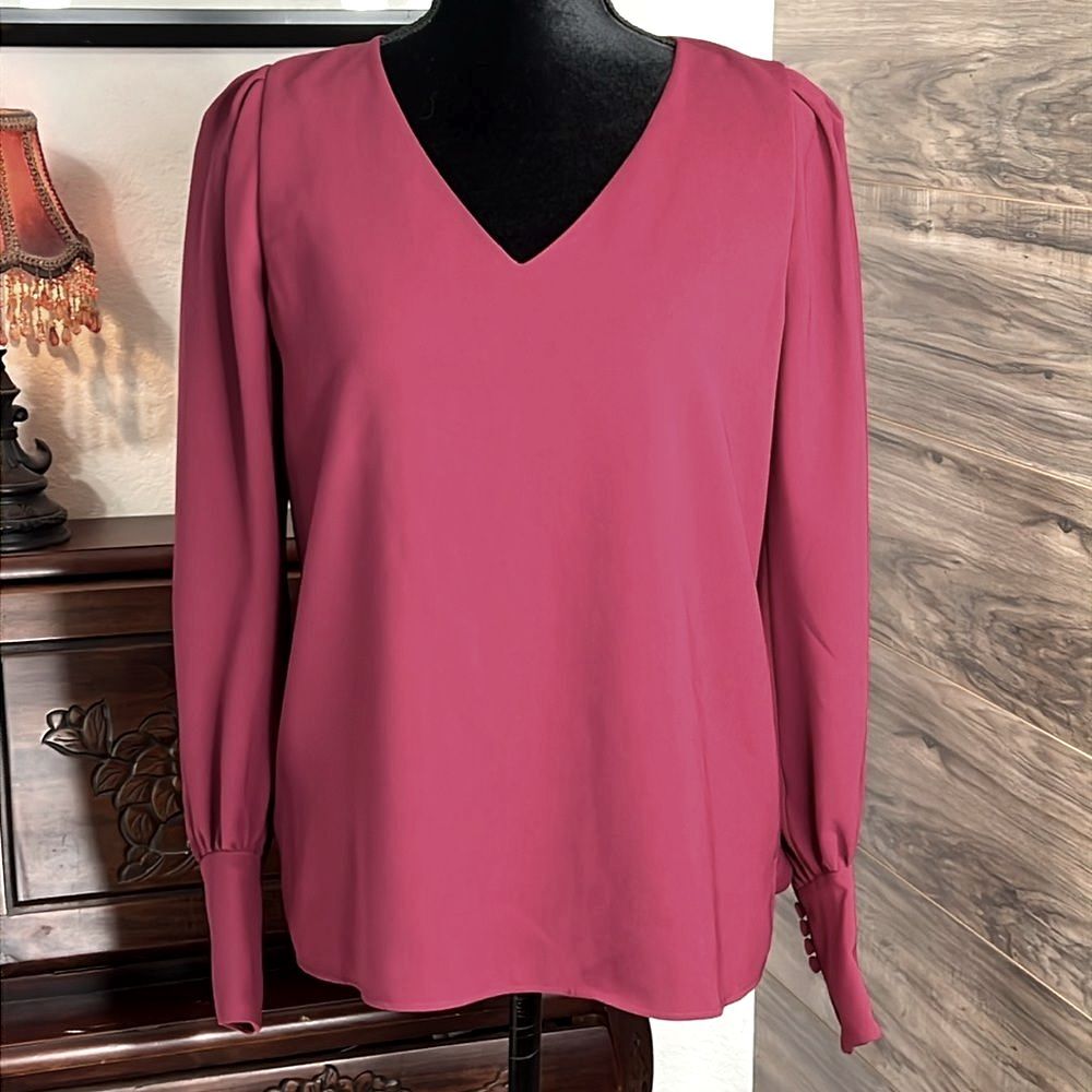 Lafayette 148 Lenore Hibiscus V-Neck Crepe Blouse Puff Sleeve Button Cuff Small - Picture 2 of 12
